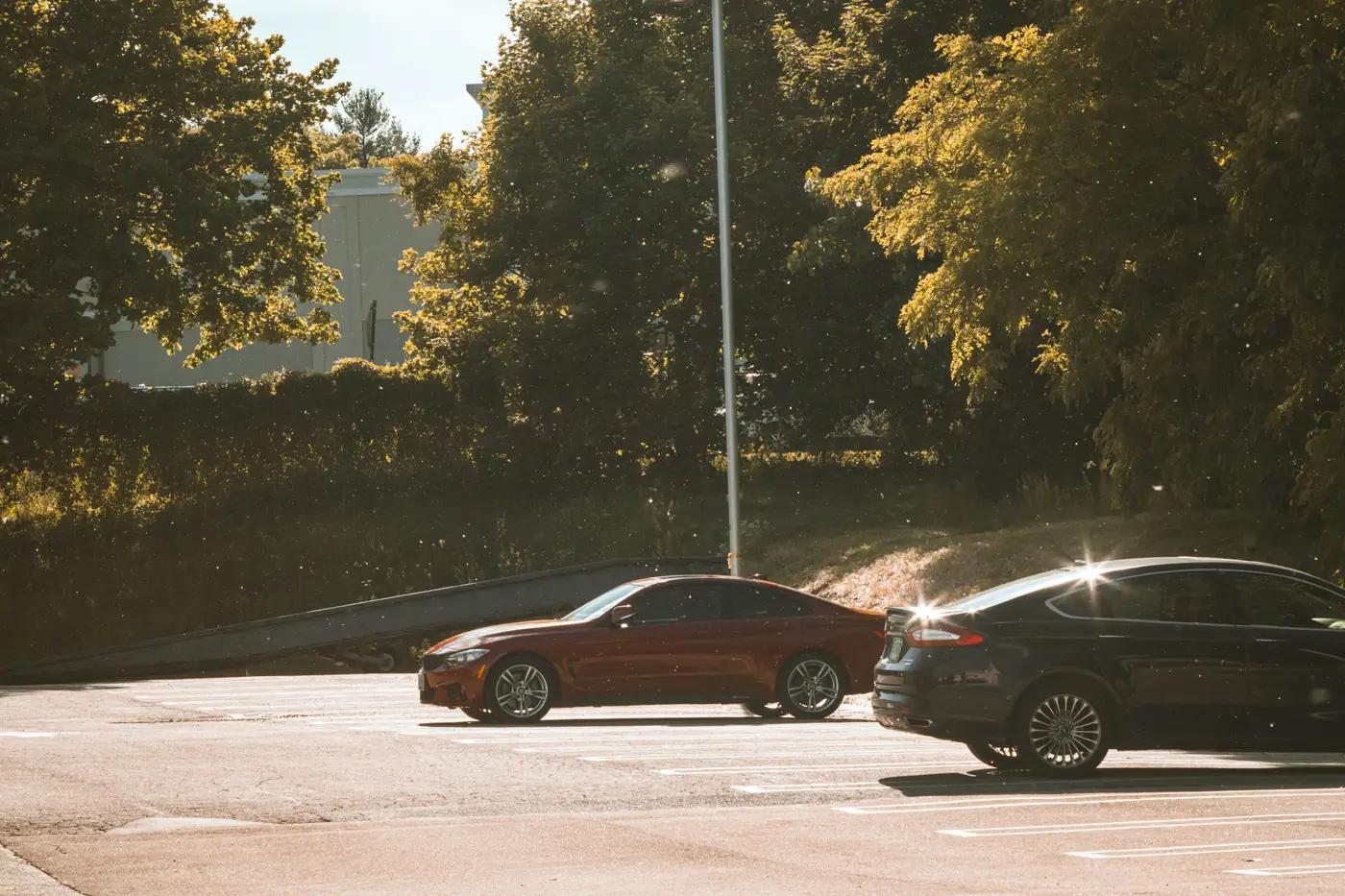 Two cars parked in a sunlit lot under trees, with lens flare and long afternoon shadows on the pavement.